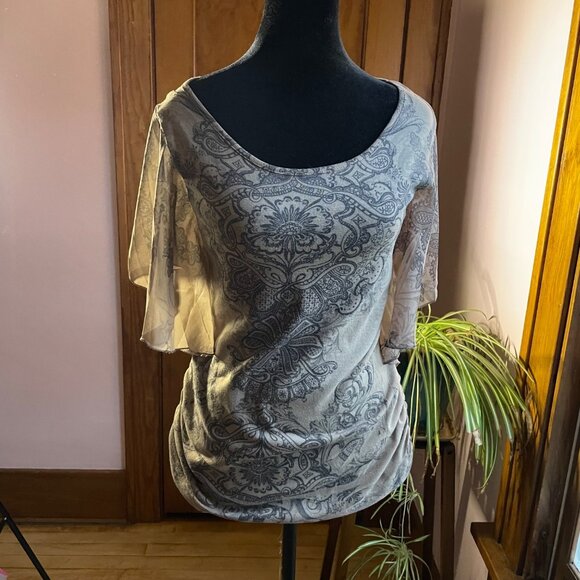 Vintage Espresso Boho Baroque Top M | Sheer Flutter Sleeve Blouse Romantic Boh0 - Picture 4 of 10